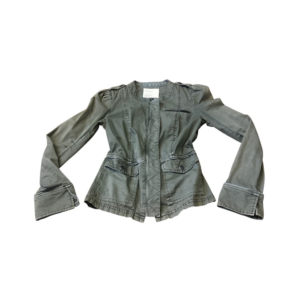 Free People Military Utility Jacket Khaki Green Band Collar Zipper Pocket Size 4